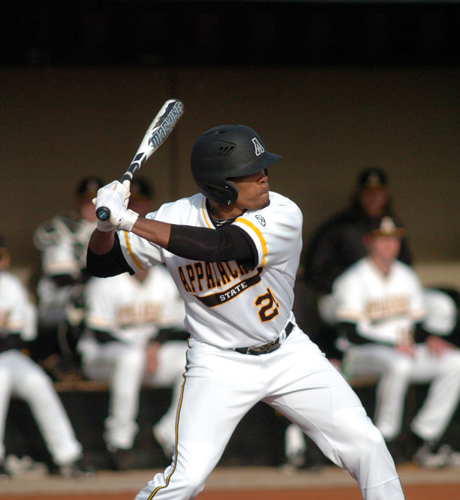 Freshman outfielder Jaylin Davis stands ready to bat at a game earlier this season. Davis hit a three-run home run in the season opener against N.C. State. Photo Courtesy | App State Athletics/ Dave Mayo